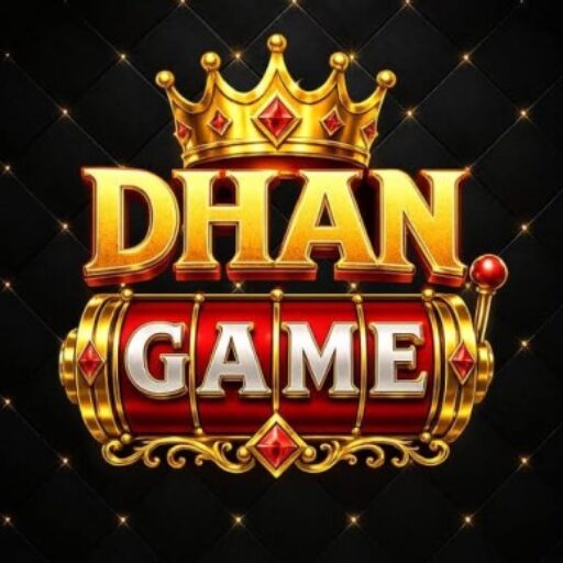 Dhaan Game logo featuring a luxurious golden crown above bold gold lettering with a royal treasure chest design on a black diamond-pattern background.